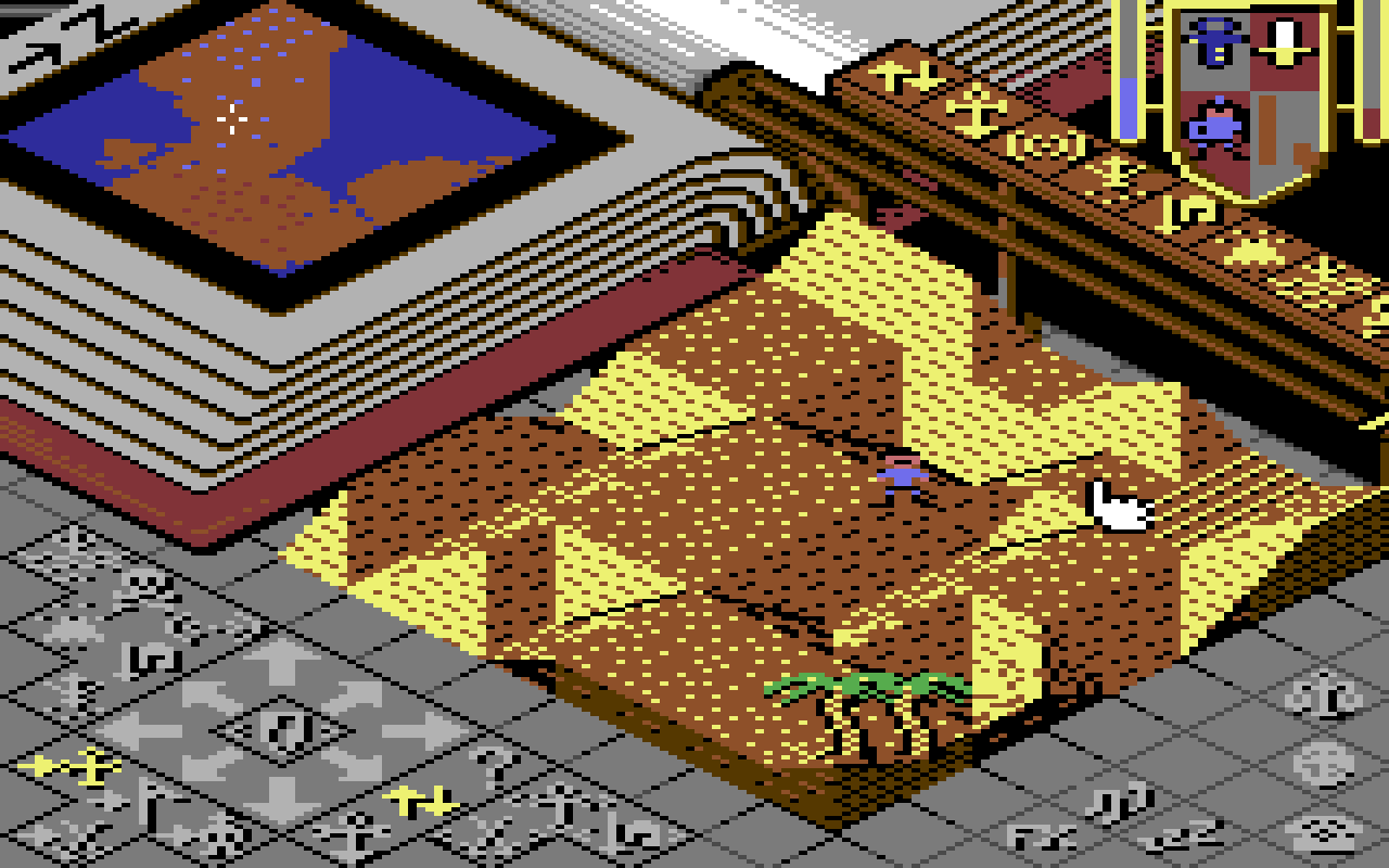 C64 Populous, desert land: terraced sand with palm trees and a lone walker