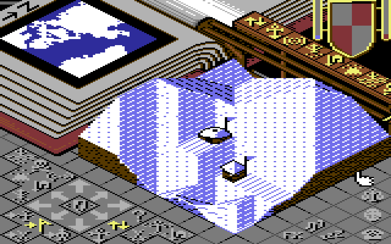 C64 Populous, ice land: snow raised up to the book on the left and under the rail at the top