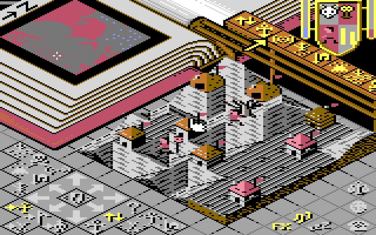 C64 Populous, lava land: a village of huts on raised grey stone, right up under the rail
