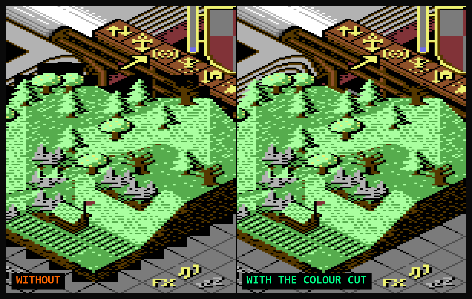 The same forest view twice: on the left the land simply takes every block it touches and black holes run through the book pages, the rail and the rim; on the right, with the colour cut, the book and rail stay whole behind the trees