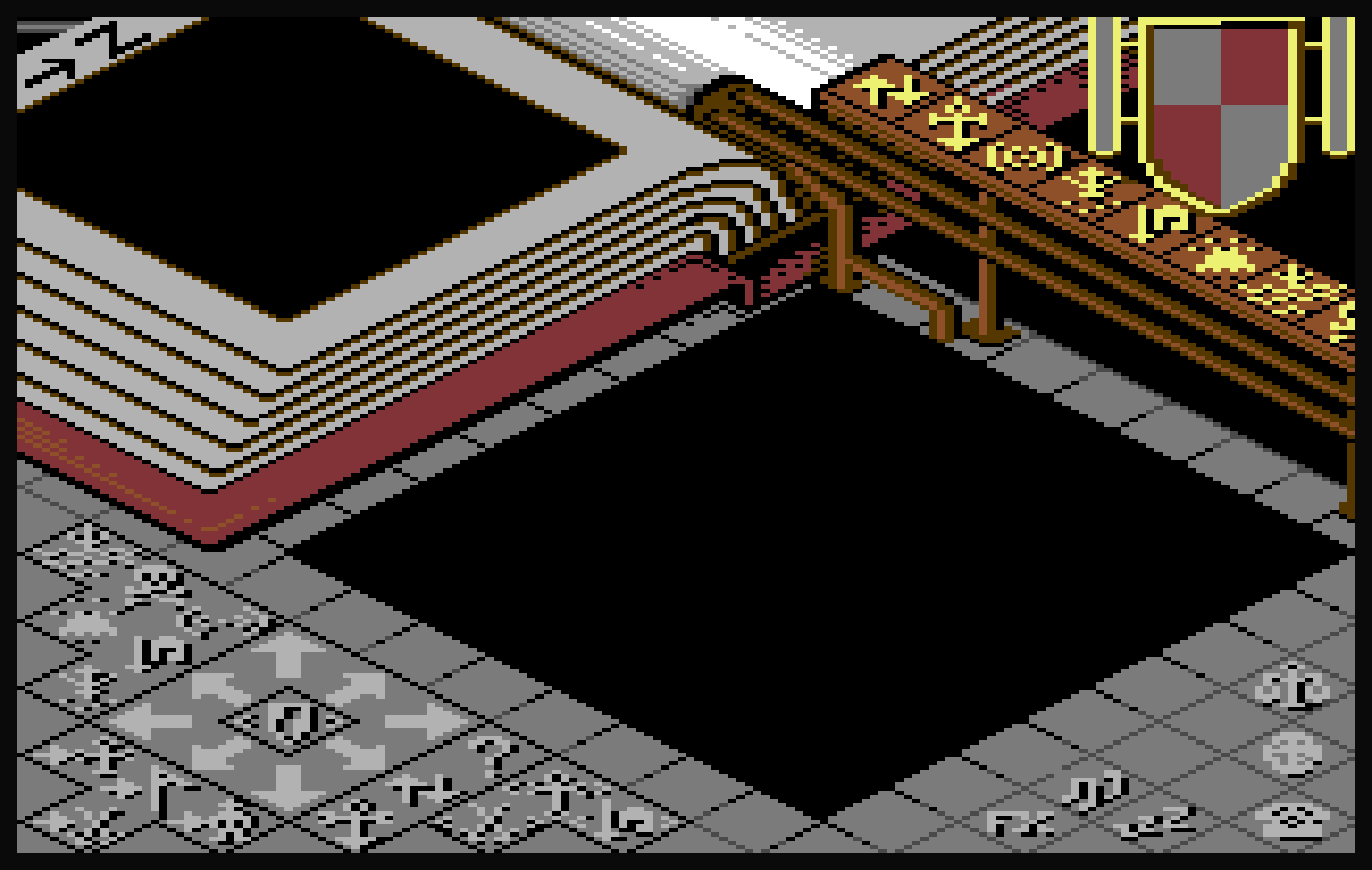 The empty Populous C64 game screen: the book with the radar map on the left, the rail of icons and the shield on the right, the grey rim round an empty black pit