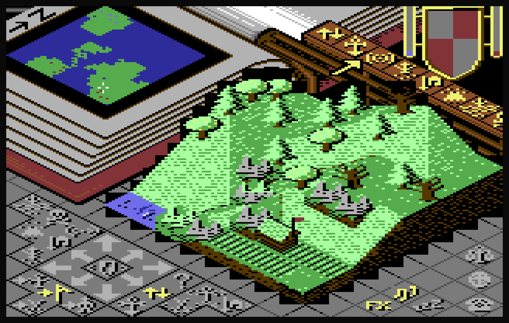 A forest on world 0 without edge handling: black blocks cut into the book pages next to the trees, black holes in the rail above the forest, a black staircase along the grey front rim