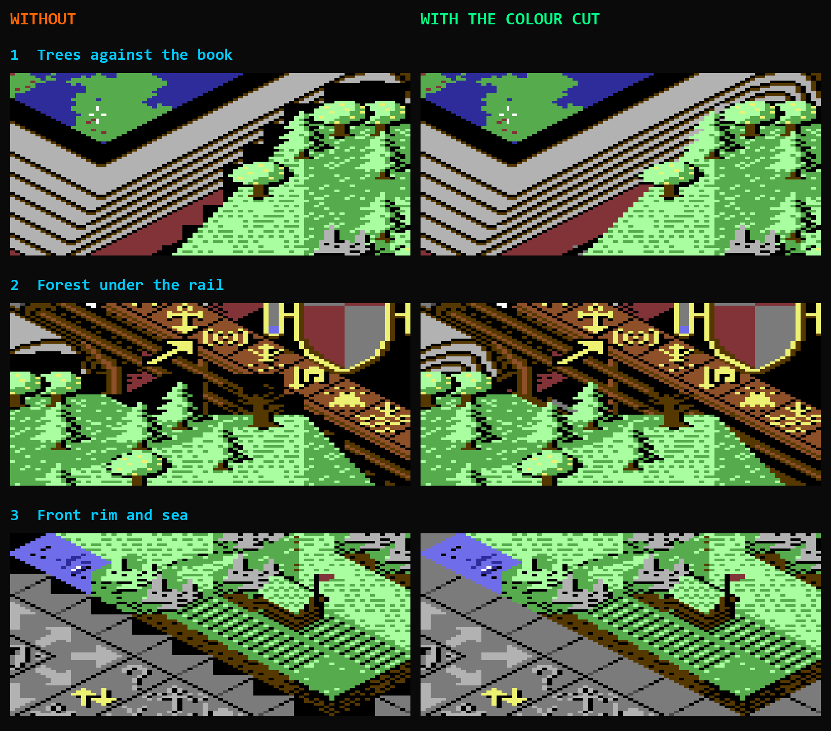 Three zoomed pairs, without and with the colour cut: trees against the book pages, the forest under the rail, and the front rim by the sea
