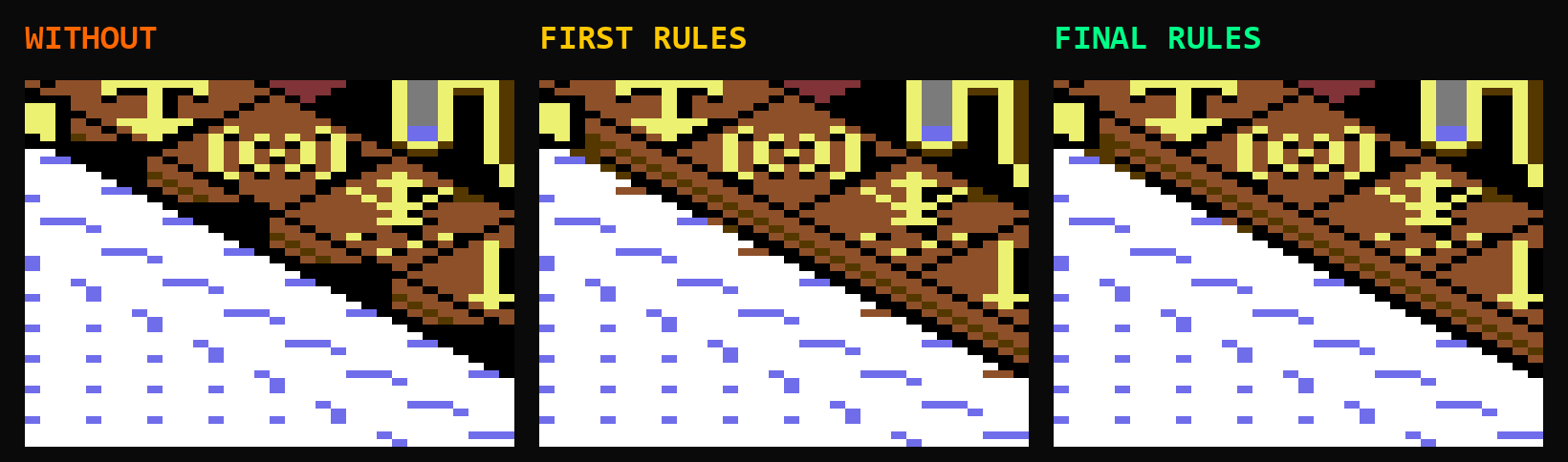 Snow under the rail, three ways: a black band without edge handling, orange specks in a saw-tooth along the snow with the first rules, a clean edge with the final rules