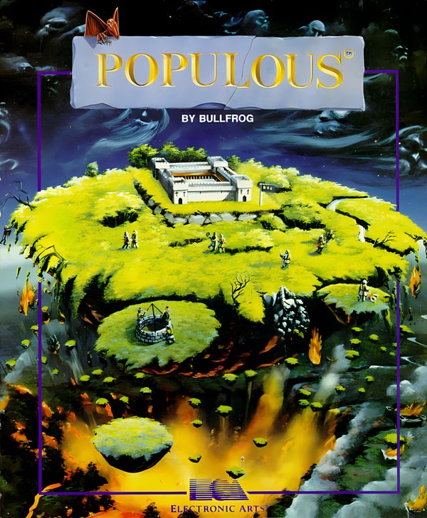 Populous cover art: a floating island with a white castle, crumbling into lava and storm clouds