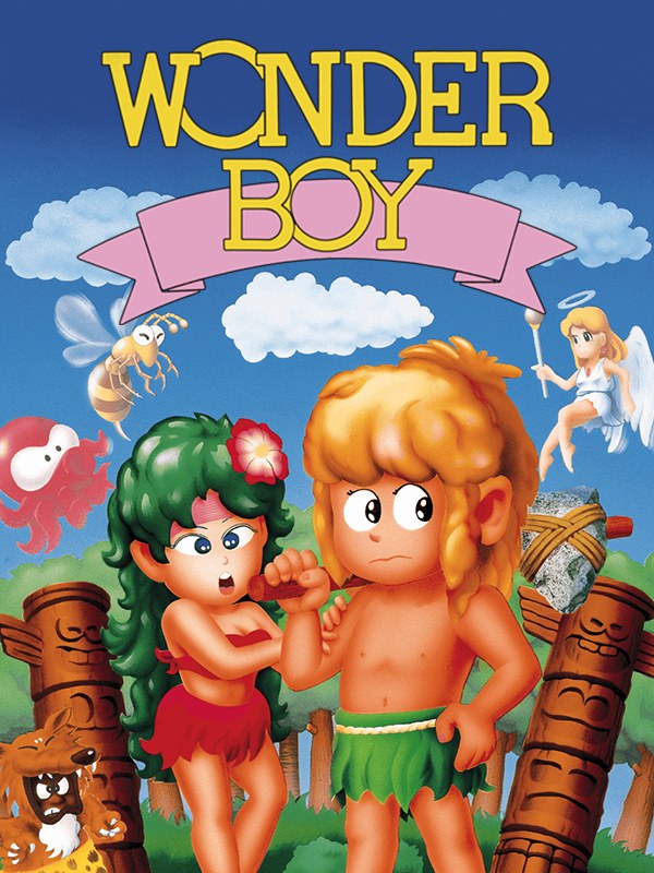 Wonder Boy cover art: the boy and his girlfriend in front of the jungle, with the logo in the sky