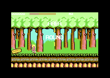 The Area 1 Round 1 intro in the forest, with Wonder Boy at the start sign